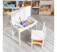 Mesa infantil con silla, fabricada en madera maciza, con tablero extensible, cajón y ganchos, de color blanco
