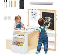 Mesa infantil con silla y pizarra, conjunto de asientos para niños con caballete, estantería para juguetes, estantería para libros, soporte para rollos de papel, set de mesa para pintar para niños de