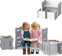 Mesa infantil COSTWAY con 2 sillas, mesa de pintura 6 en 1, banco infantil y escritorio infantil, juego de mesa infantil de madera de 3 piezas para niños pequeños a partir de 3 años, color gris