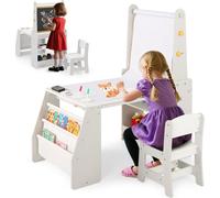 Mesa infantil COSTWAY, juego de mesa y silla para niños, caballete, rollo de papel, accesorios, pizarra blanca, pizarra de tiza y estantería para niños a partir de 3 años, color gris