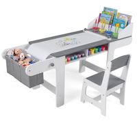 Mesa infantil de COSTWAY con silla, dispensador de papel, y 4 vasos para pintura, conjunto de mesa y silla para niños, mesa de dibujo con 2 cajones, 2 compartimentos y cajas de tela para niños a parti