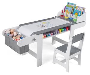 Mesa infantil de COSTWAY con silla, dispensador de papel, y 4 vasos para pintura, conjunto de mesa y silla para niños, mesa de dibujo con 2 cajones, 2 compartimentos y cajas de tela para niños a parti