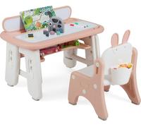 Mesa infantil de COSTWAY con silla, escritorio con altura ajustable, estantería, pizarra magnética, espacio de almacenamiento y accesorios para dibujar. Mesa infantil para niños de 1 a 12 años