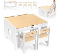 Mesa infantil Mamabrum con 4 sillas "Oso" – Blanco/Natural. Mesa de madera grande con 2 cajones. Juego de muebles para niños fabricado en MDF, apto para niños a partir de 3 años