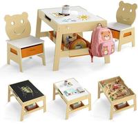 Mesa infantil Silecomplaza con 2 sillas con forma de oso, mesa de dibujo 5 en 1 con superficie reversible y pizarra, conjunto de asientos para niños con 4 ganchos y compartimentos de tela, para niños 