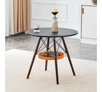 Mesa MODFU con tablero redondo de 80 cm, mesa de cocina con cesta de almacenamiento colgante y patas de madera maciza color nogal, color