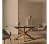 Mesa ovalada de cristal Argo con patas de acero efecto madera.