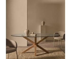 Mesa ovalada de cristal Argo con patas de acero efecto madera.
