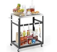 Mesa para barbacoa para exteriores, carro para barbacoa con 2 estantes, 4 ruedas, asa y 4 ganchos, mesa para pizza, mesa auxiliar, carro de servicio para jardín, terraza (2 estantes)