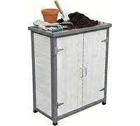 Mesa para plantas Relaxdays con armario inferior, madera, superficie de trabajo galvanizada, dimensiones: 90 x 75 x 40 cm, armario de jardín, blanco/gris