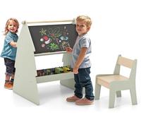 Mesa-pizarra doble cara 2 en 1, set de caballete y silla para niños con pizarra de tiza y pizarra blanca, mesa infantil con estante y soporte para rollos de papel, para niños a partir de 3 años (verde