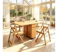Mesa Plegable Balcon, Mesa Jardin Extensible, Ruedas y 4 sillas | Mesa plegable salon, mesas plegables portatiles, ideal para reuniones familiares(Original wood)