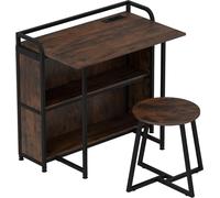 Mesa plegable COSTWAY, mesa plegable con taburete, enchufe, estanterías y estructura de metal, escritorio de oficina, mesa para ordenador, mesa plegable, 90x55x83 cm, color marrón