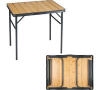 Mesa plegable de bambú para jardín, balcón o camping, con estructura de aluminio ligera, patas de mesa con tornillos ajustables para terrenos irregulares y asa de transporte