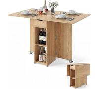 Mesa plegable para comedor con 1 cajón y 2 estantes, mesa extensible de madera con 2 ruedas, para 4-6 personas, ideal para comedor, sala de estar o cocina, con un peso máximo de 65/70 kg (color natura