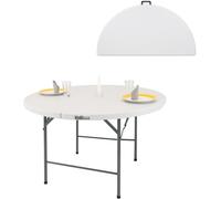 Mesa plegable redonda, diámetro 120 cm, fabricada en plástico y acero con recubrimiento en polvo, resistente a la intemperie y a la corrosión. Ideal para camping, fiestas, jardín, comedor, buffet o co