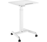 Mesa portátil ajustable en altura con ruedas. Escritorio para estar de pie y sentado. Ajuste de altura mediante resorte de gas, hasta un máximo de 113 cm. Inclinación de hasta 30 grados. Capacidad de