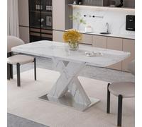 Mesa rectangular moderna Sweiko, de 120 cm a 160 cm, extensible, con tapa de mesa de mármol blanco impreso y patas en forma de "X" de MDF con base de metal