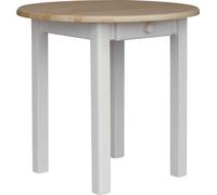 Mesa redonda blanca con cajón, fabricada en madera maciza de pino, con superficie lacada de 90 cm de diámetro