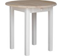 Mesa redonda blanca con cajón, fabricada en madera maciza de pino, con superficie sin barnizar, de 90 cm de diámetro