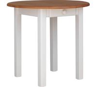 Mesa redonda blanca con cajón, fabricada en madera maciza de pino, con tablero en color "Alder" de 90 cm de diámetro
