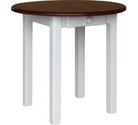 Mesa redonda blanca con cajón, fabricada en madera maciza de pino, con tablero en color Calvados, de 90 cm de diámetro