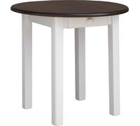 Mesa redonda blanca con cajón, fabricada en madera maciza de pino, con tablero en color nogal, de 90 cm de diámetro