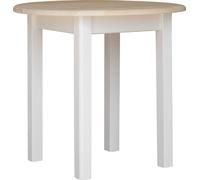 Mesa redonda blanca de madera maciza de pino, con tablero de 90 cm de diámetro y sin barnizar