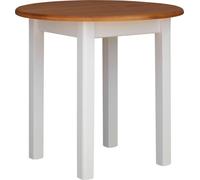 Mesa redonda blanca de madera maciza de pino, con tablero en color "Alder" de 90 cm de diámetro