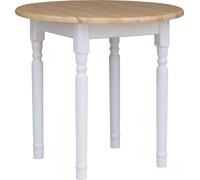 Mesa redonda blanca modelo II, fabricada en madera maciza de pino, con superficie de 90 cm de diámetro y acabado con barniz