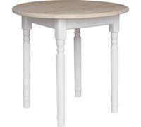Mesa redonda blanca modelo II, fabricada en madera maciza de pino, con tablero de 90 cm de diámetro y sin barnizar