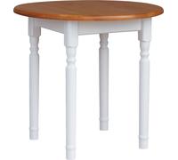 Mesa redonda blanca modelo II, fabricada en madera maciza de pino, con tablero en color "Alder" de 90 cm de diámetro