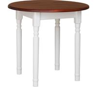 Mesa redonda blanca modelo II, fabricada en madera maciza de pino, con tablero en color Calvados y un diámetro de 90 cm