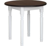Mesa redonda blanca modelo II, fabricada en madera maciza de pino, con tablero en color nogal, de 90 cm de diámetro