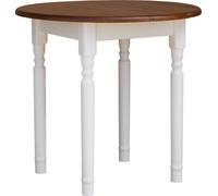 Mesa redonda blanca modelo II, fabricada en madera maciza de pino, con tablero en color roble de 90 cm de diámetro