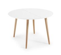 Mesa redonda extensible Oqui, MDF lacado en blanco, patas de haya maciza, 120(200)x120cm