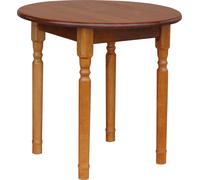 Mesa redonda modelo II, fabricada en madera maciza de pino, con acabado en color roble, de 90 cm de diámetro
