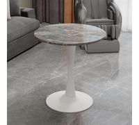 Mesa redonda para comedor de 70 cm. Mesa auxiliar blanca de estilo mid-century para 2-4 personas. Mesa con aspecto de mármol, superficie con vetas gris oscuro. Mesa bistró compacta