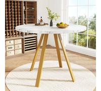 Mesa redonda para comedor, mesa de cocina con patas de metal, mesa de trabajo, escritorio, mesa de jardín, patas de hierro, 80x80x75 cm, blanca y dorada