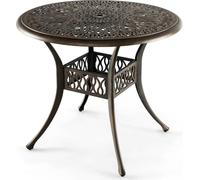 Mesa redonda para terraza, tipo bistro, de aluminio fundido con agujero para paraguas, de 90 cm de diámetro y 74 cm de altura, color marrón