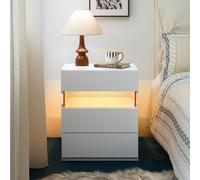 Mesita de noche blanca LED para el dormitorio, con 3 cajones fabricada en material compuesto de madera, con placa de acrílico e iluminación LED RGB para el dormitorio