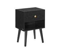 VASAGLE Mesita de Noche, Mesa Auxiliar con Cajón y Compartimento de Almacenamiento Abierto, Patas de Madera, Mesa de Centro para Sala de Estar, Dormitorio, Sofá, Negro Ébano LET655B56