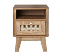 Mesita de noche con un cajón, frente de ratán y un nicho. Ancho: 39 cm. Marca: PALMO