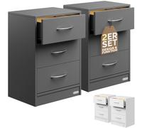 CASARIA® 2X Mesitas de Noche 3 Cajones Mesilla Auxiliar Cajón con Luz LED Almacenamiento 54x39x28cm Antracita