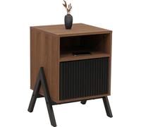 Mesita de noche HWC-O40, cómoda, mesa auxiliar, mesita de noche, armario, cajón, MDF, metal, melamina, 59x40x40 cm, color natural