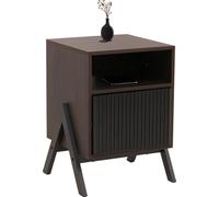 Mesita de noche HWC-O40, cómoda, mesa auxiliar, mesita de noche, armario, cajón, MDF, metal, melamina, 59x40x40 cm, aspecto similar a la madera de nogal