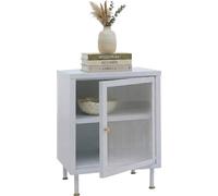 Mesita de noche HWC-O87, mesa auxiliar, mueble de noche, armario con compartimentos de almacenamiento, estilo industrial, con detalles en metal y vidrio de estilo rústico, 55x41x41 cm, color blanco