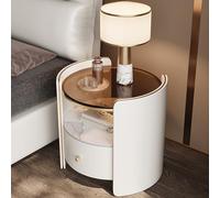 Mesita de Noche Moderna, mesita de Noche de Piel sintética con cajones de Almacenamiento, Mesa Auxiliar Redonda para sofá con Tapa de Vidrio Templado para Sala de Estar, Dormitorio, Beige (b