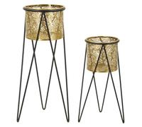 Mesitas Leavy de hierro, MDF y espejo dorado — set de 2, Ø 38x55 y Ø 33x50 cm