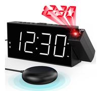 Mesqool Despertador para Sordos con Vibracion, Despertador Proyección con 180° Proyector, Gran Pantalla led, 5 Brillos, 2 Relojes Despertadores, Snooze para Dormitorio/Oficina/Cocina